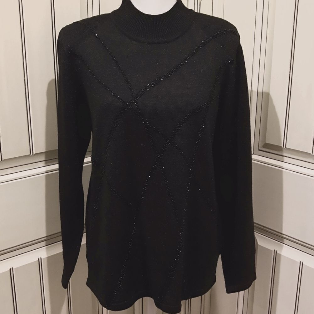𝅺Alfred Dunner Black Beaded Sweater Shoulder Pads Long Sleeve Size Medium
